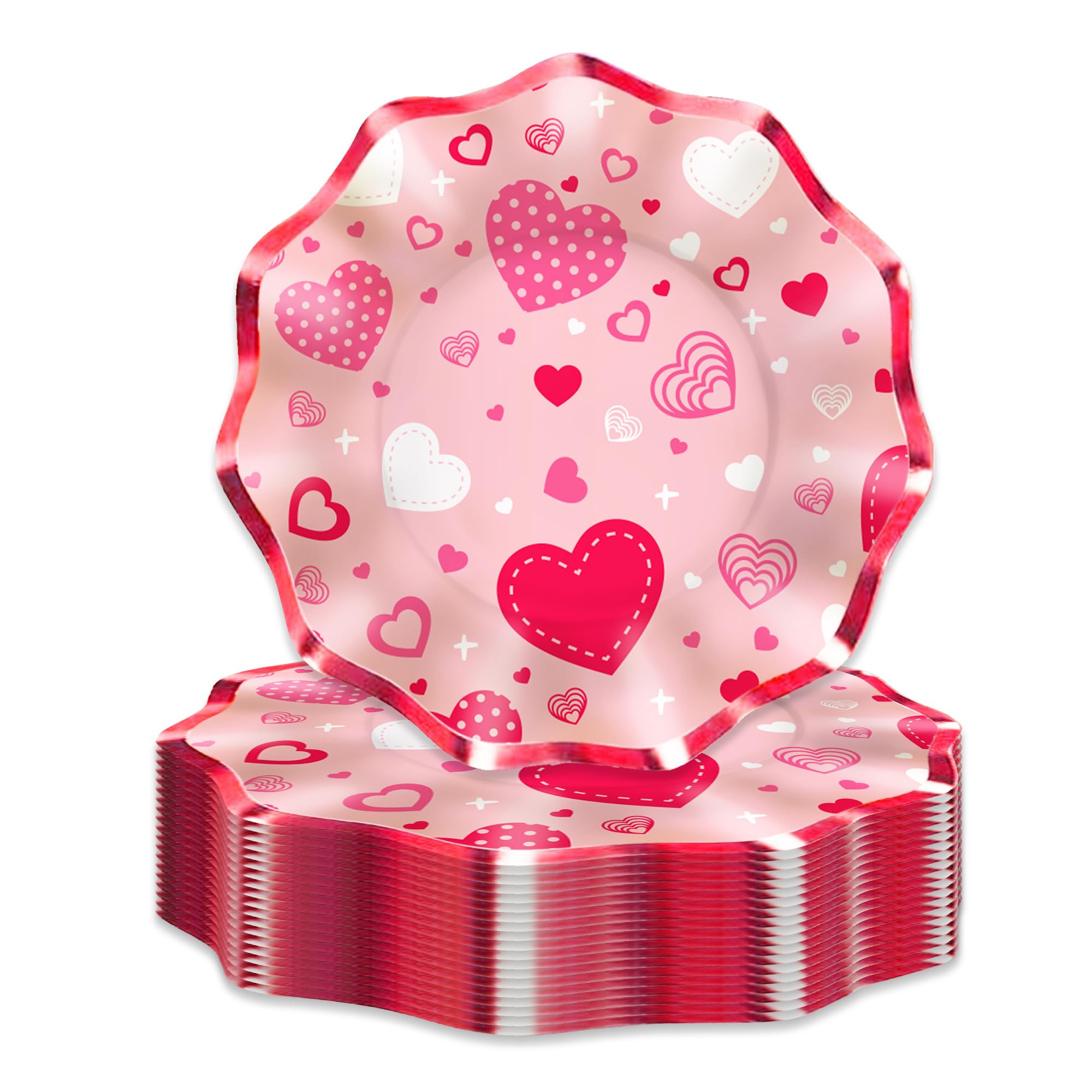 Photo 1 of 5" Pink Heart Love Wavy Paper Dessert Paper Plates Pink Heart Love Wavy Disposable Dinner Paper Plates Set Pink Heart Love Theme Paper Plates for Pink Heart Love Party(16 pcs)