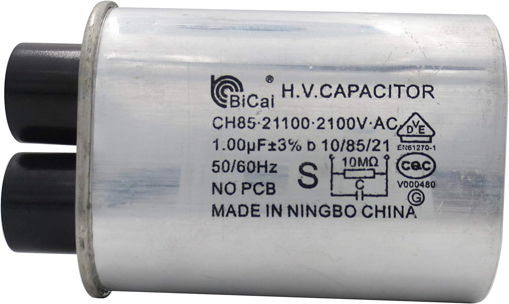 0CZZW1H004B CQC Universal Household Microwave High Voltage Capacitor 1.00uf ch85 21100 2100V AC H.V.Capacitor 10/85/21 50/60Hz NO PCB (3/16 Pin)
