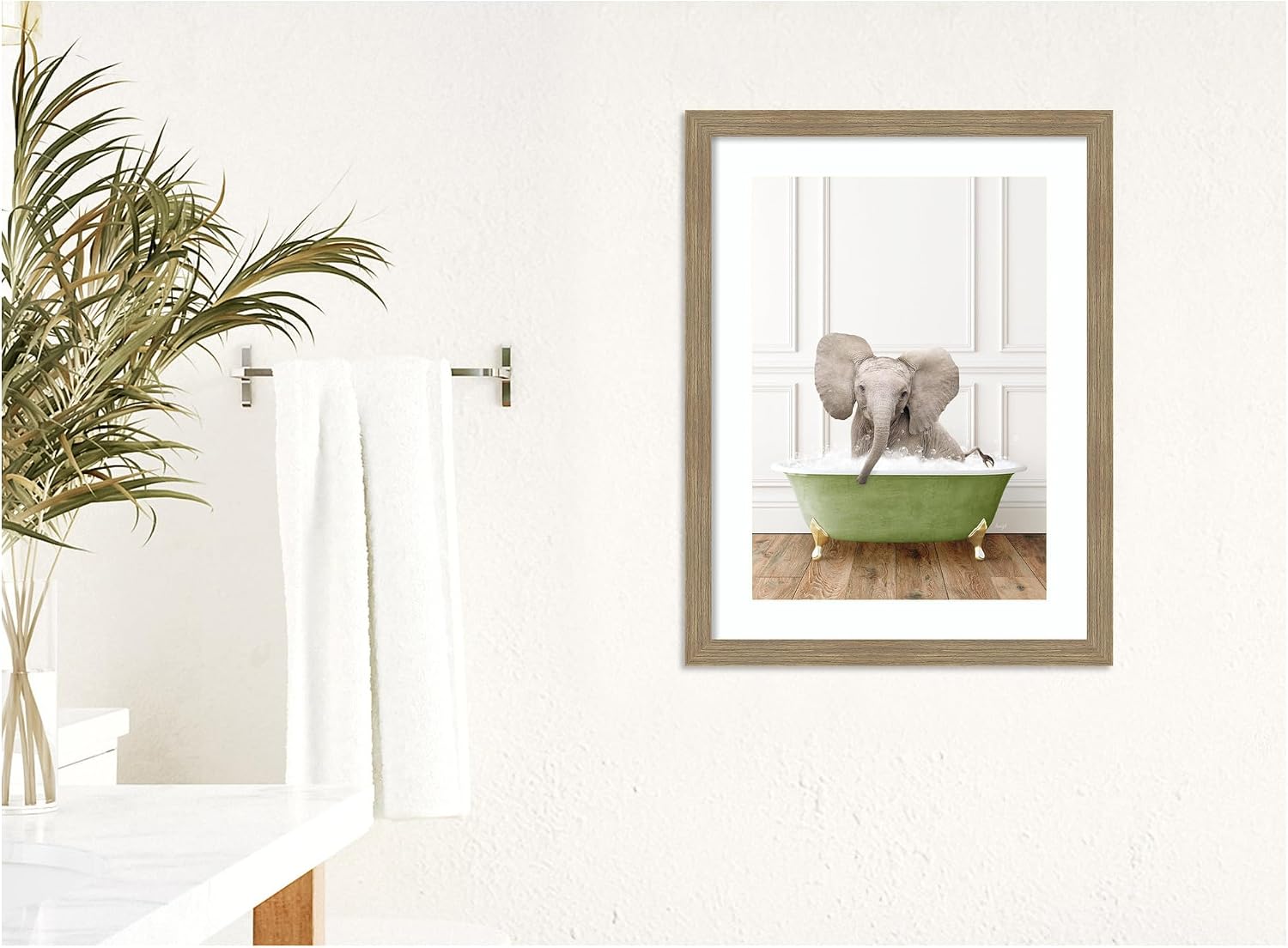 Kate and Laurel Framed Wall Art Print Baby Elephant in Transitional Bathtub by Amy Peterson, 20 x 26, Woodgrain Stripe Mocha Frame, Whimsical, Animal Art for Wall Decor