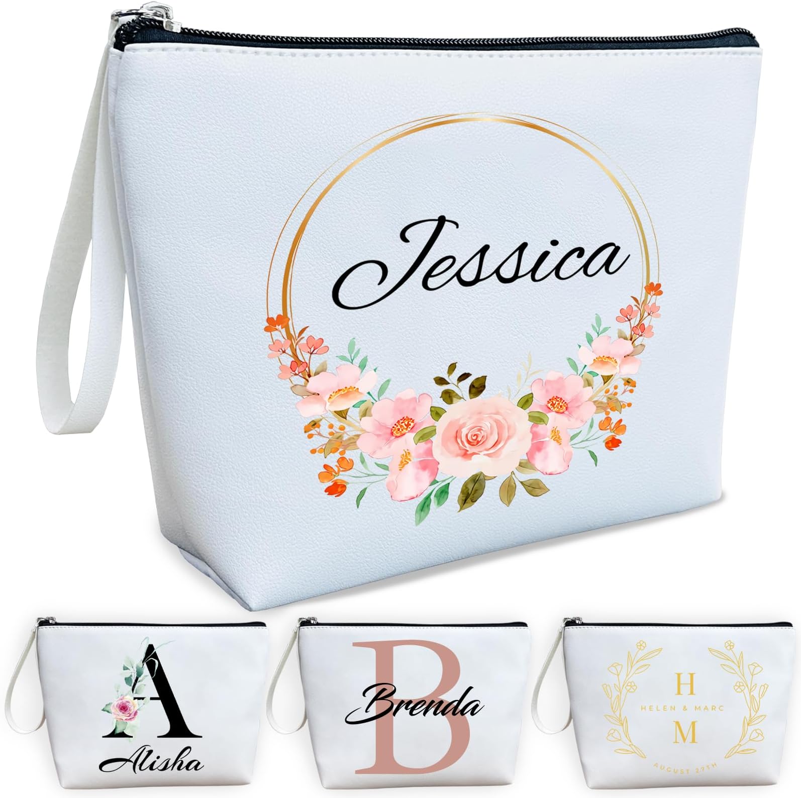 ubmpj Personalized Makeup Bag PU Leather Waterproof Custom Monogrammed Cosmetic Bag with Inner Pocket Gift for Wedding Birthday Christmas Bride Bridesmaid Friends