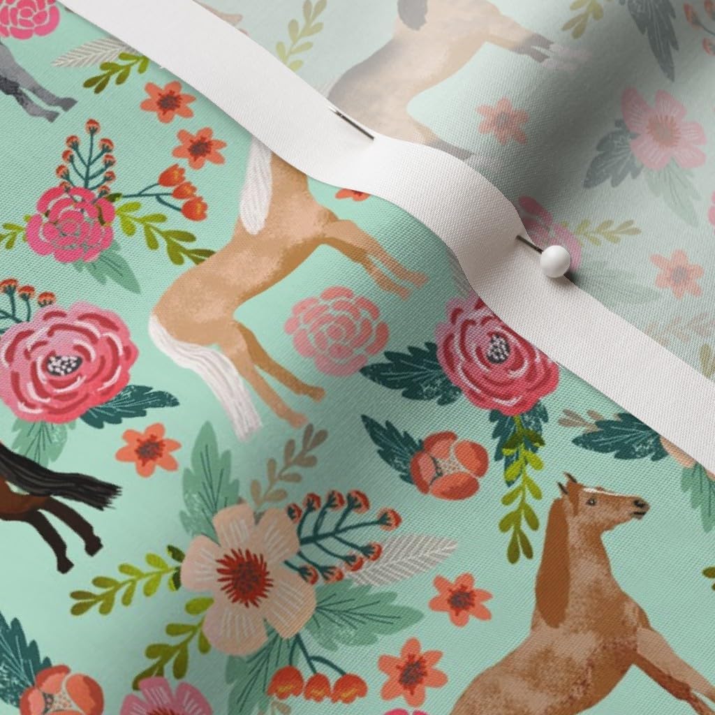 Spoonflower Fabric - Horse Multi Floral Horses Mint Farm Animal Cowboy Pet Portrait Printed on Cotton Poplin Fabric by The Yard - Sewing Shirting Quilting Dresses Apparel Crafts