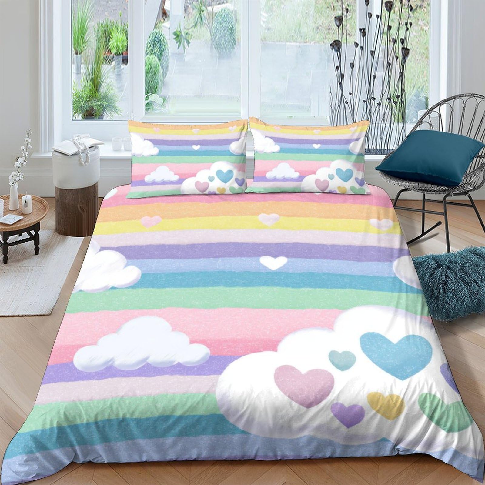 Ctjqhvkz Style-7 3D Printed Rainbow Stripes Fitted Sheet Microfiber Soft Pastel Clouds Mattress Cover For Bedroom Dorm Decorative Protection Single（135X200cm）