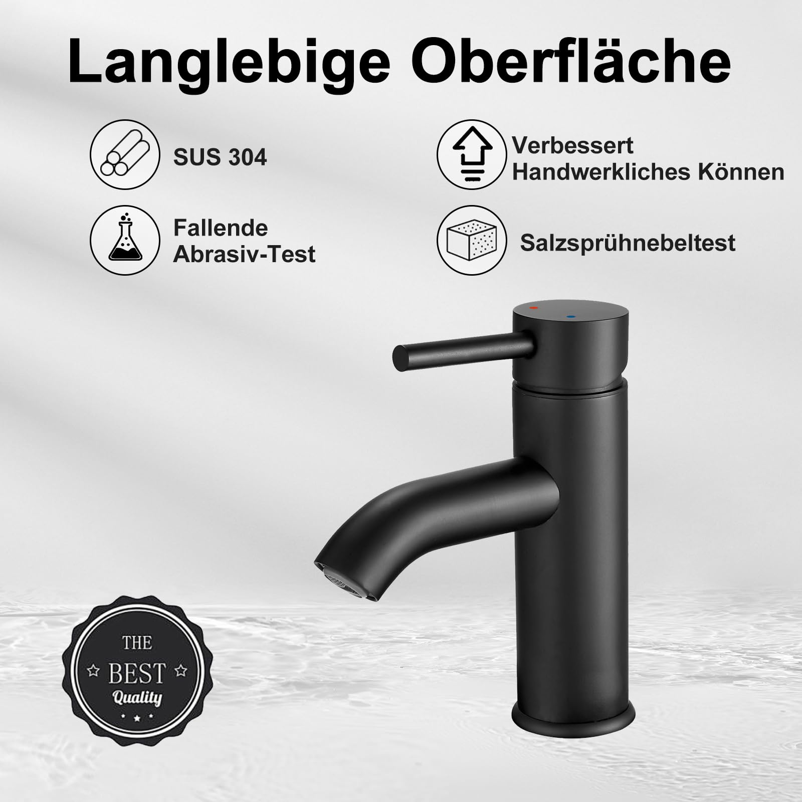 GENBONS Wasserhahn Bad Schwarz, Einlochmontage Waschbeckenarmatur Einhebelmischer, Matt schwarz Badarmatur, Waschtischarmatur, Wasserhahn schwarz, Edelstahl