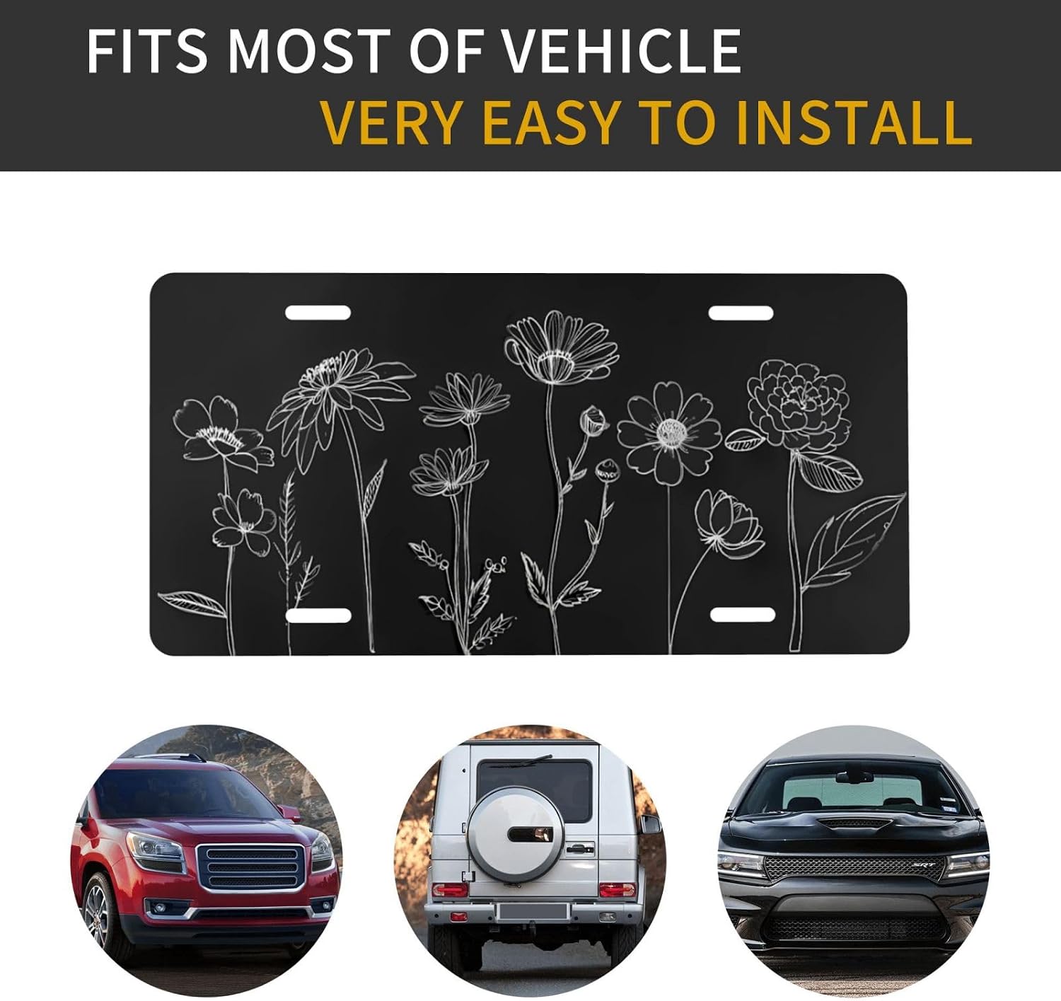 Wildflower Hand Drawn Front License Plate for Women Car Vanity Plates Decorative Aluminum Metal Cute Novelty License Plate Cover for Men 6x12 Inch (4 Holes)