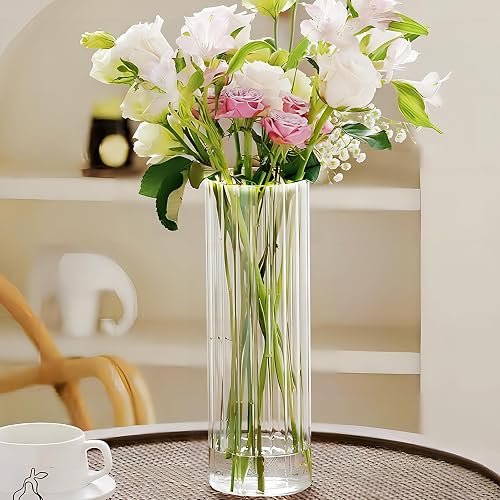 10 inch Clear Glass Flower Vases,Ribbed Vase for Centerpiece Table Home Indoor Desk Decor, Modern Boho Style Vase for Wedding House Gift