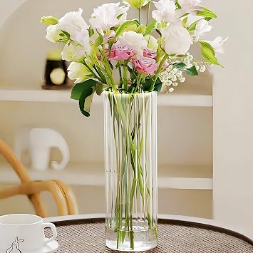 10 inch Clear Glass Flower Vases,Ribbed Vase for Centerpiece Table Home Indoor Desk Decor, Modern Boho Style Vase for Wedding House Gift