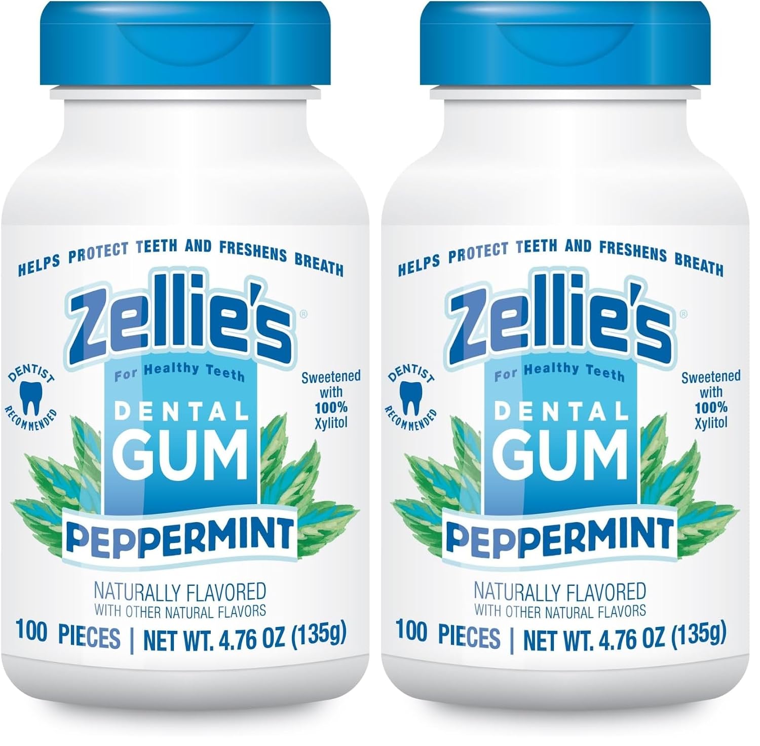 Zellie's | 100% Xylitol Peppermint Chewing Gum | No Aspartame, Gluten Free, Vegan & Kosher (100 Count - Pack of 2)