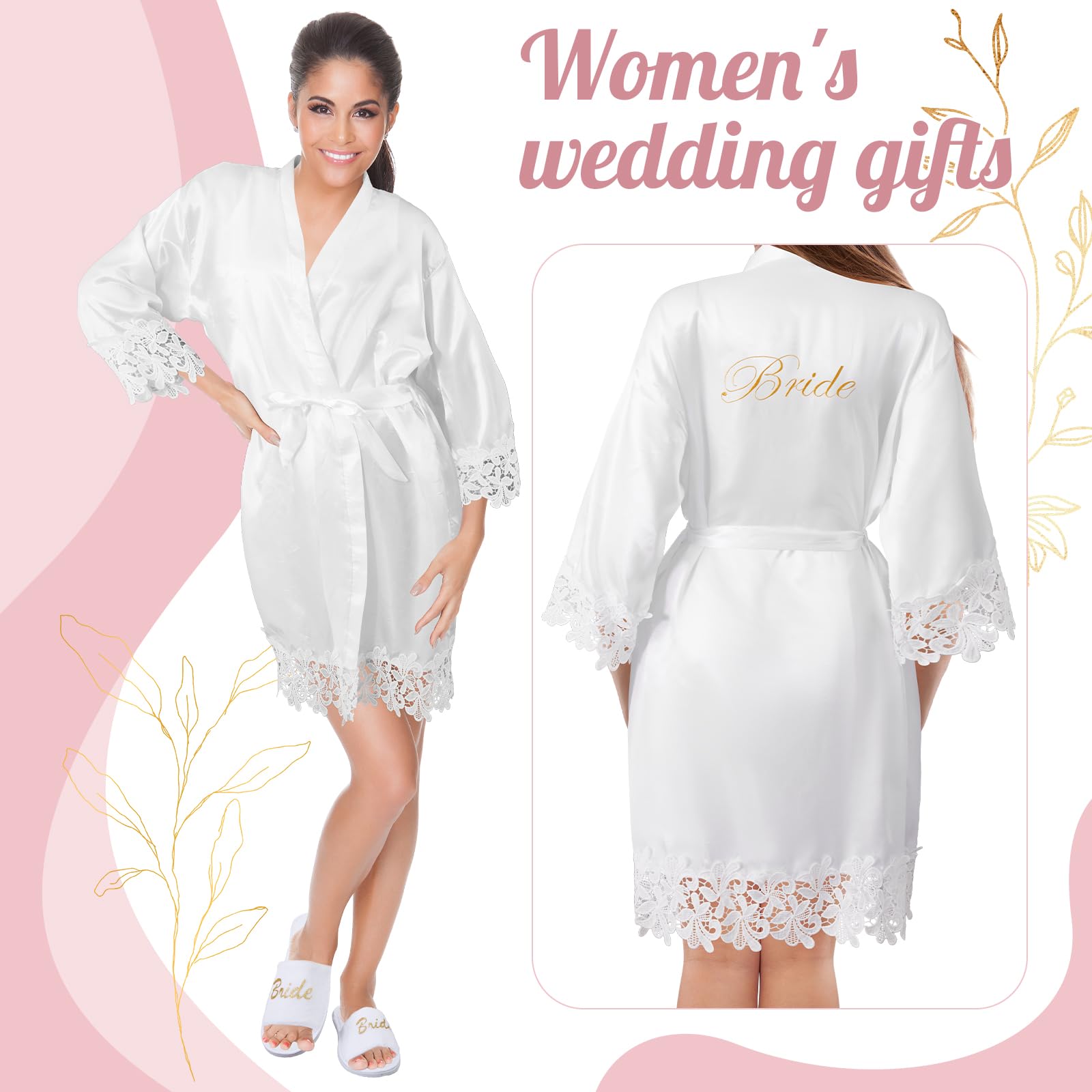 BBTO Juego de 4 Regalos de Novia Regalos de Despedidas de Soltera Bata de Novia de Satén Blanco con Encaje Dorado Bolsa Zapatillas Lazo de Pelo Blanco para Boda Compromiso Spa