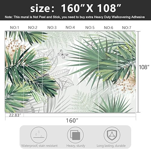 Miniatura 4 de YIHWM - Papel tapiz de hojas de palmera con plantas verdes, papel tapiz de tela para dormitorio, papel tapiz de mariposa botánica tropical, papel
