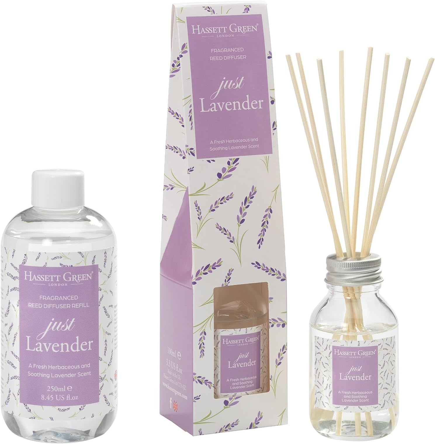 Hassett Green London - Just Lavender - Reed Diffuser and Refill Combination Set - 100ml Glass Bottle with 8 Rattan Reed Sticks plus Larger Size 250ml Refill Bottle