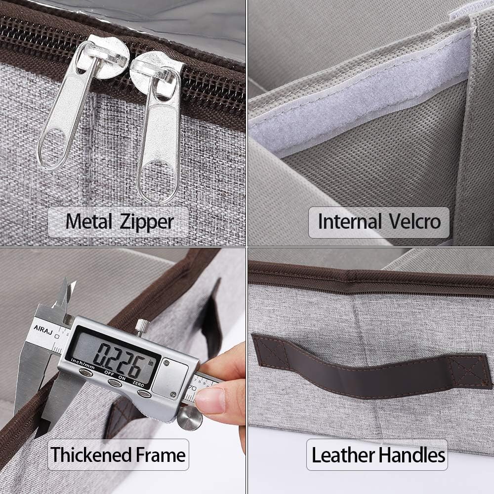 HOONEX Under Bed Shoe Storage Organizer with Adjustable Dividers, Shoe Holder with Leather Handles, 2 Pack, Store 24 Pairs, Grey