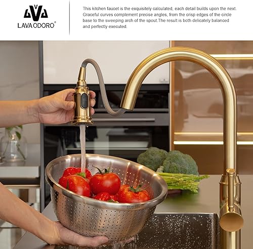 Miniatura 4 de Lava Odoro Curtura - Grifo de cocina negro y dorado con rociador extraíble, grifo de fregadero de cocina de una sola manija con rociador de 2