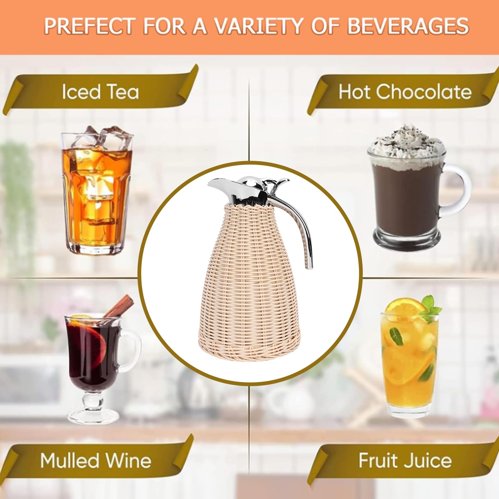 SIXRUN Carafe Tossicola Termica in Acciaio Inossidabile in Acciaio Inossidabile Intrecciato, 1,5 Litri di Brocca Isolata a Parete, Calore di 12 Ore, Fidelizzazione a Freddo 24 Ore, (Beige)