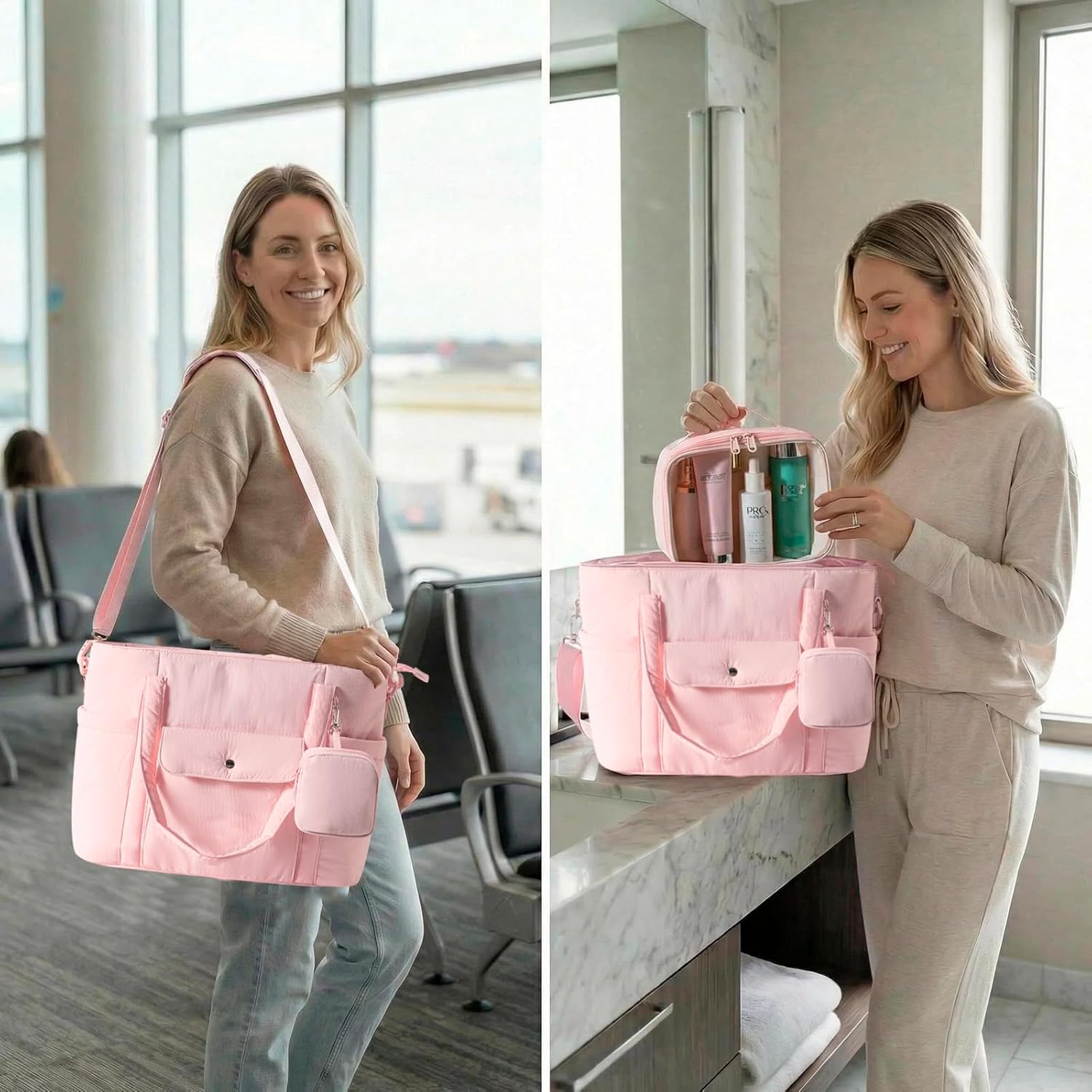 Large Tote Bag for Women with Toiletry Bag, Waterproof Travel Tote with Insulated Pocket & Laptop Compartment, Multi-Pocket Weekender Bag Carry On Tote for Work Travel Hospital Gym (Pink)