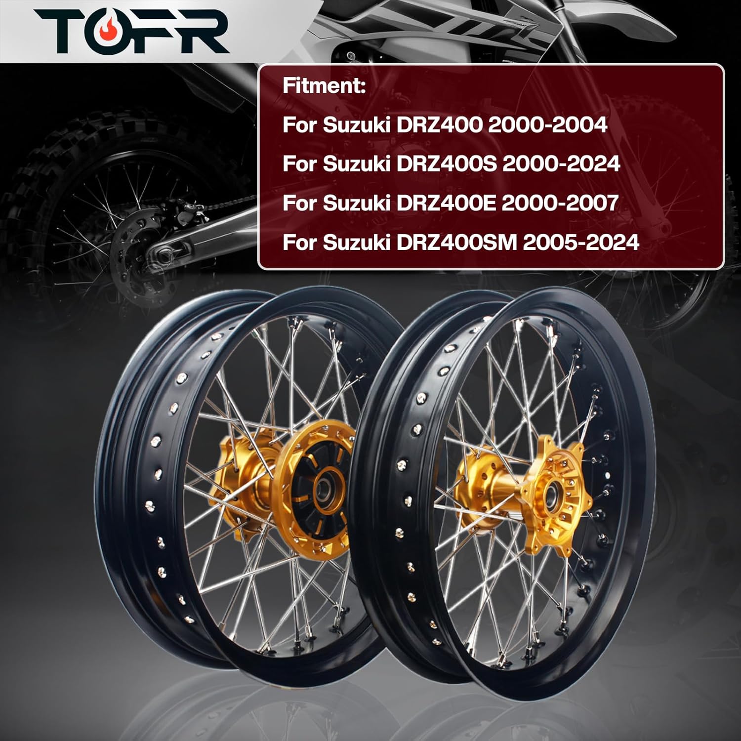 TOFR DRZ400SM DRZ400S 2000-2024 Supermoto 17" Wheels Cush Drive Hubs Rims for Suzuki DRZ400