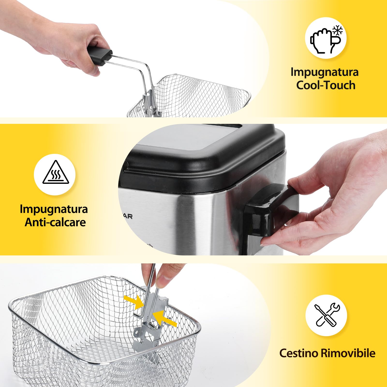 Aigostar Friggitrice Elettrica in Acciaio Inox 1.5L, 1000W con Regolazione Temperatura, Filtro Antiodore, Finestra di Visualizzazione, Cestello Rimovibile e Scala Olio, Design Compatto e Sicuro