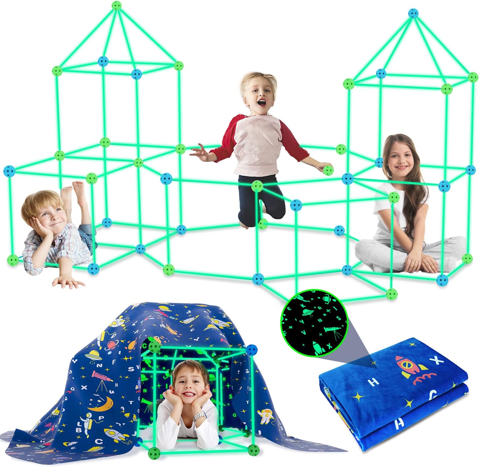 160PCS Kid Fort Building Kit Glow in the Dark Build a Fort with Blanket STEM Educational Toys for 4 5 6 7 8 9 10 11 12 Years Boys Girls Ultimate Construction Gifts DIY Forts Builder Set Indoor Outdoor