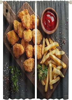 Chicken Nuggets Blackout Curtains for Living Room Bedroom, Fine Food French Fries Ketchup Rod Pocket Curtains Thermal Insulated Window Drapes, 2 Panels/Each 21" W x 63" L