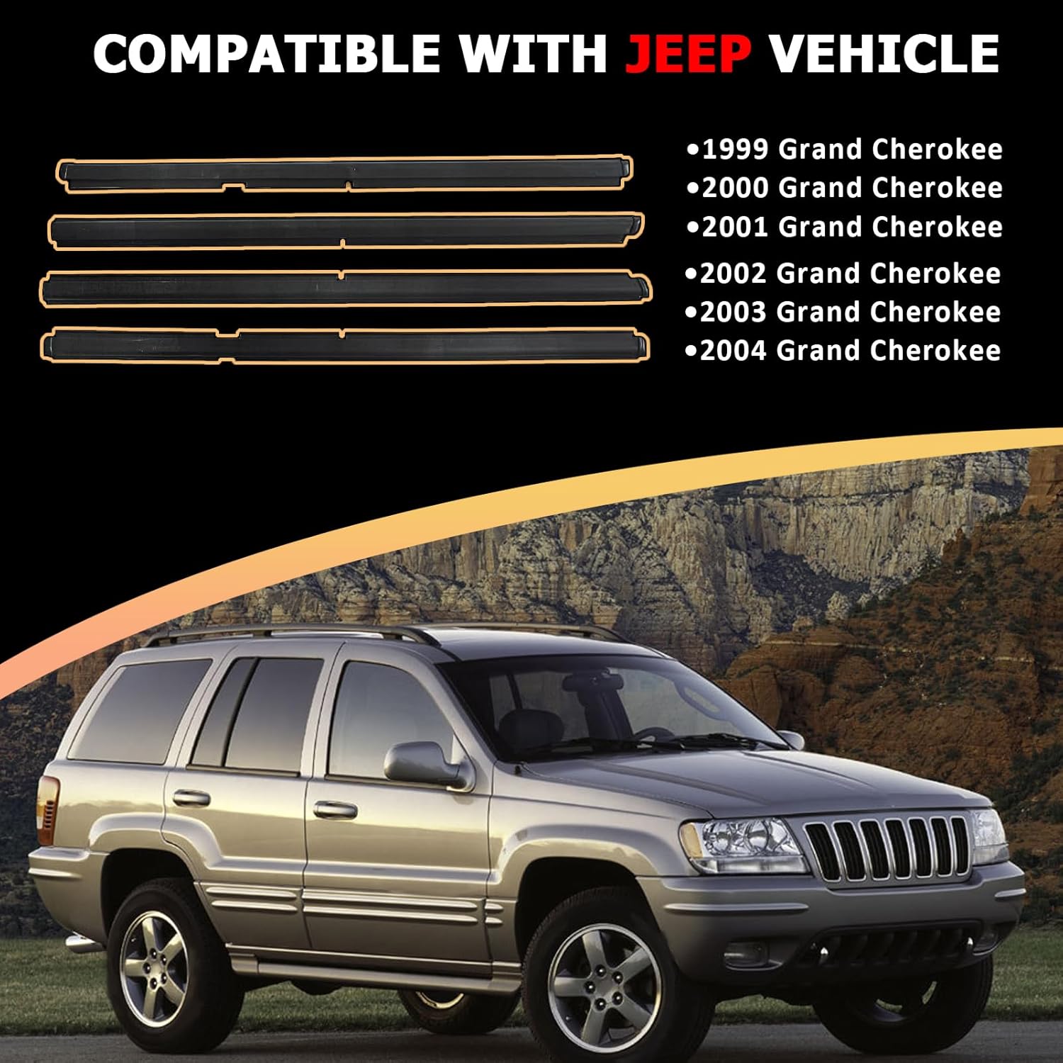 ZONFANT Car Outer Door Window Sweep Molding Trim Weatherstrip Seal Belt Compatible with Jeep Vehicle 1999-2004 Grand Cherokee, Replace#55135879AF 55135878AF 55135890AF 55135891AF