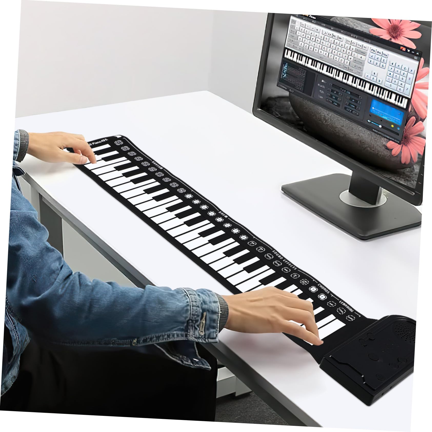 Pianoforte Digitale Portatile Pieghevole 49 Tasti Nero | Tastiera in Silicone Arrotolabile, Altoparlante Integrato, Cavo USB Dc 6v e Alimentazione 3 Pile Aa