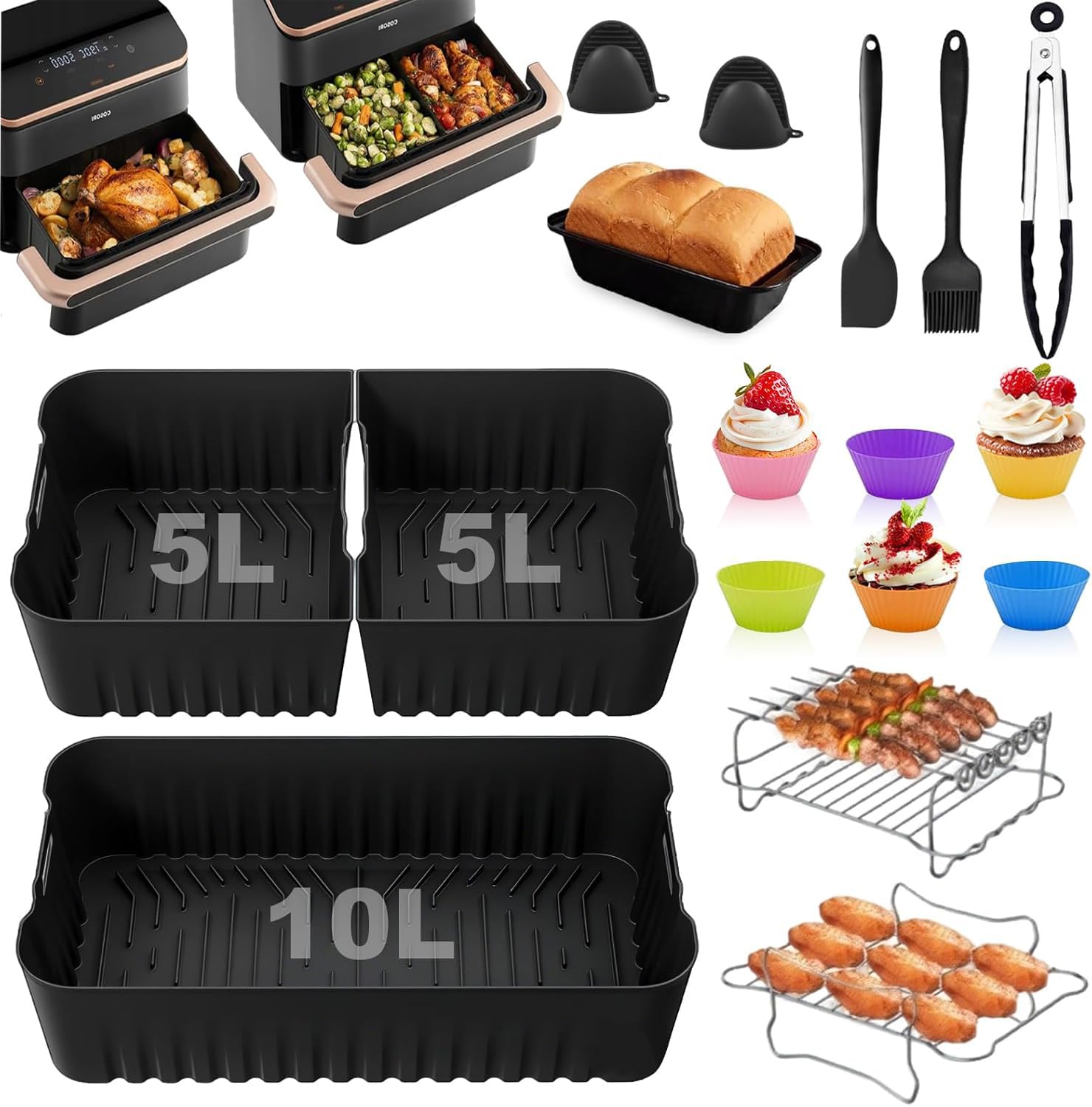 Accesorio para freidora de aire caliente Cosori Dual Blaze Twinfry XXL 10 L, accesorio de silicona para airfryer (1 x 10 l y 2 x 5 L), compatible con Ninja Foodi Flexdrawer 10,4 L freidora de aire