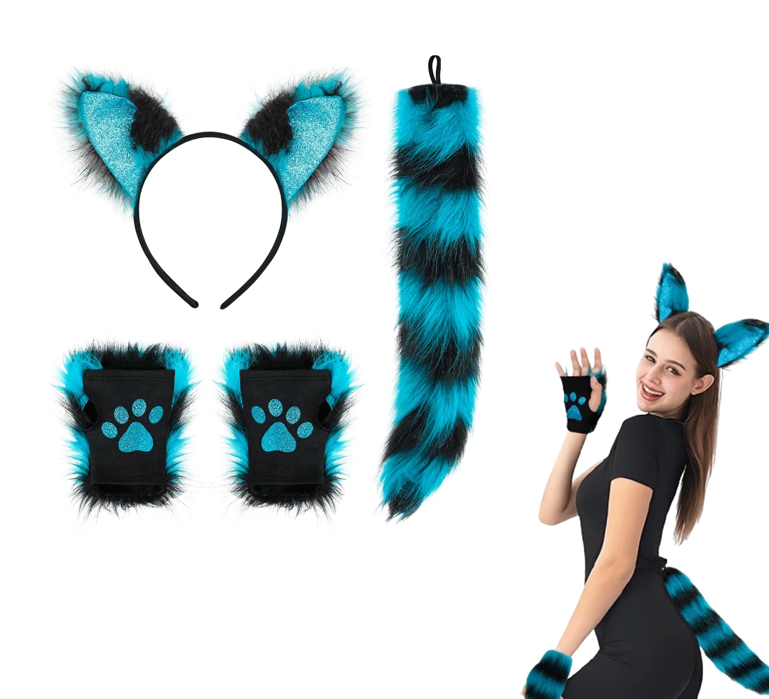 Cat Ear Headband Tail Gloves Set 3Pcs Faux Fur Cats Hairband Adult Cute Furry Dog Tails Kit Cats Wolf Paw Gloves Dress Costume Long Tail Cat Costumes Halloween Party Role Play Costume Accessories