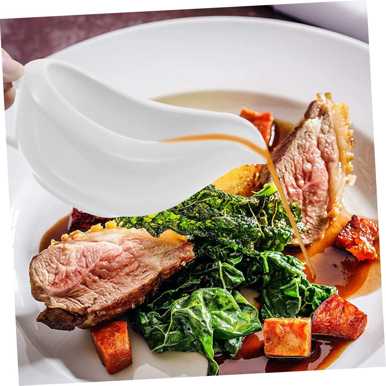 Cabilock Ceramic Gravy Boat Saucer Dripless Lip Spout Sauce Pitcher for Dressings Milk and Gravy Ergonomic Handle for Restaurants and Home Use
