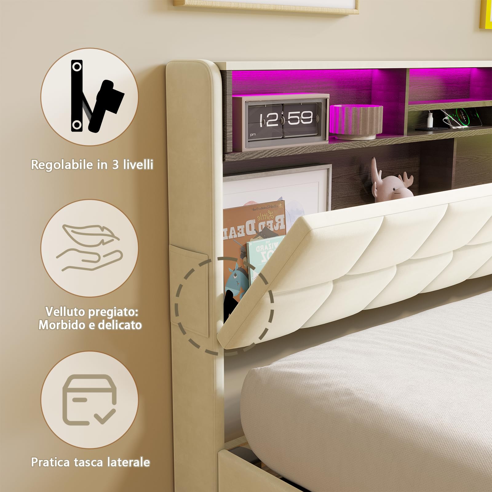Camas Matrimoniales 160x200 con Luces LED y USB C, Cama Tapizada en Terciopelo con 4 Cajones y Cabecero Almacenaje Multifuncional,Somier Madera,Marco metálico,para Todas Las Edades(Beige-500KG