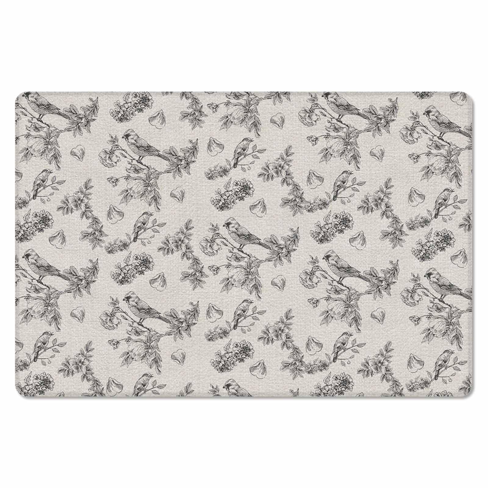Vintage Floral Birds Antifatigue Kitchen Bath Door Mat Cushioned Runner Rug,Washable Welcome Floor Sink Mat,Waterproof & Non-Slip Kitchen Standing Doormat,Botanical Wildflower Blossom Beige 18