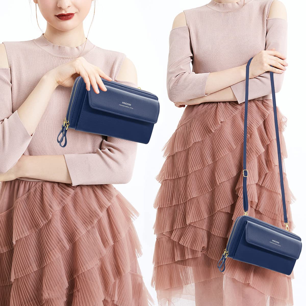 HNOOM Sac Téléphone Portable Femme Portefeuille en PU Cuir Sacs Bandoulière Femme Pochette Téléphone Portable Petit Sac à Bandoulière pour Téléphone avec Porte Carte, Bandoulière