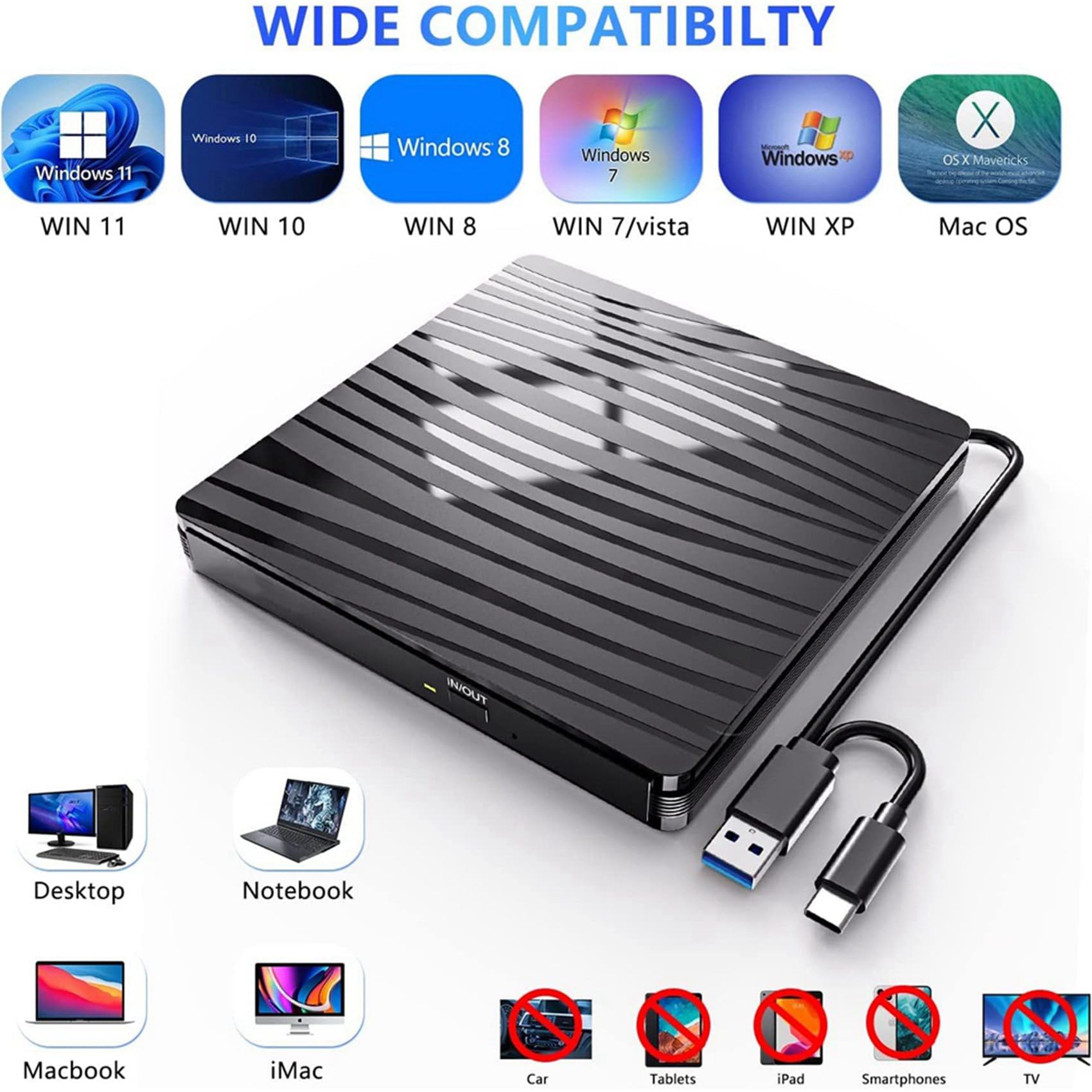 Lecteur CD/DVD Externe USB 3.0 Type-C Portable Graveur pour PC