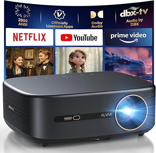 [2000 ANSI/4K Support/DoIby Audio & 50W Speakers] Alvar Smart Projector with WiFi 6 and Bluetooth 5.3, Built in NetfIix App outdoor movie projector,