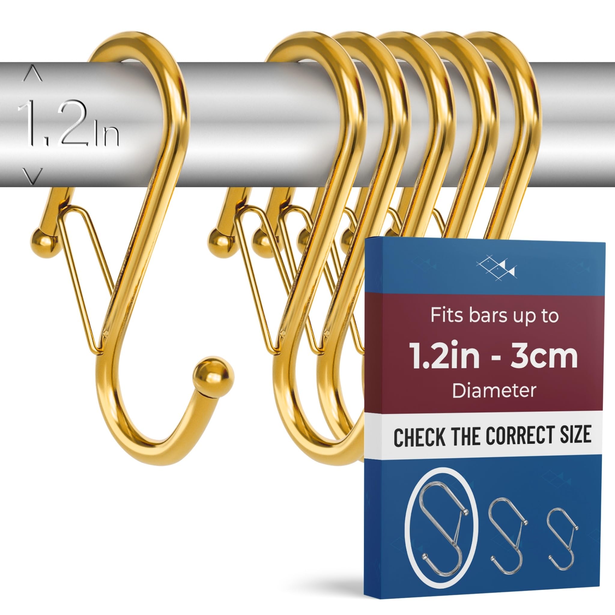 Blau Marité 6 Pack S Hooks for Hanging for Bars up to 1.2 Inch (3 cm) Diameter - Anti-Drop Hooks with Safety Lock – Heavy-Duty for Wardrobes & Storage – Yellow Gold — image 1