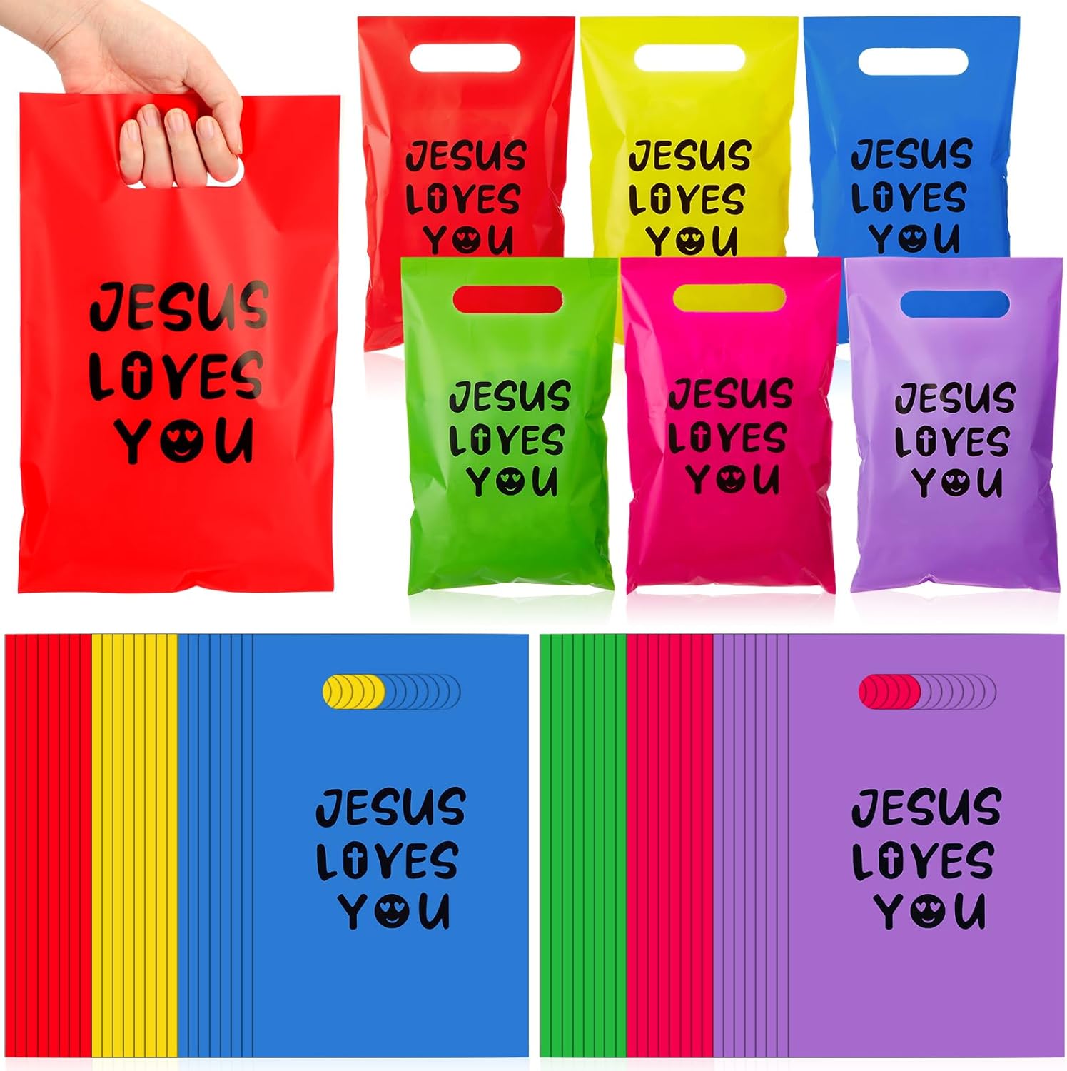 Cholemy 100 Pcs Jesus Loves You Treat Gift Bags with Handles 11.8 x 7.9 Inch Plastic Colorful Religious God Bless Bible Verse Cross Snack Goody Candy Bag for Easter Church First Communion Party Favor