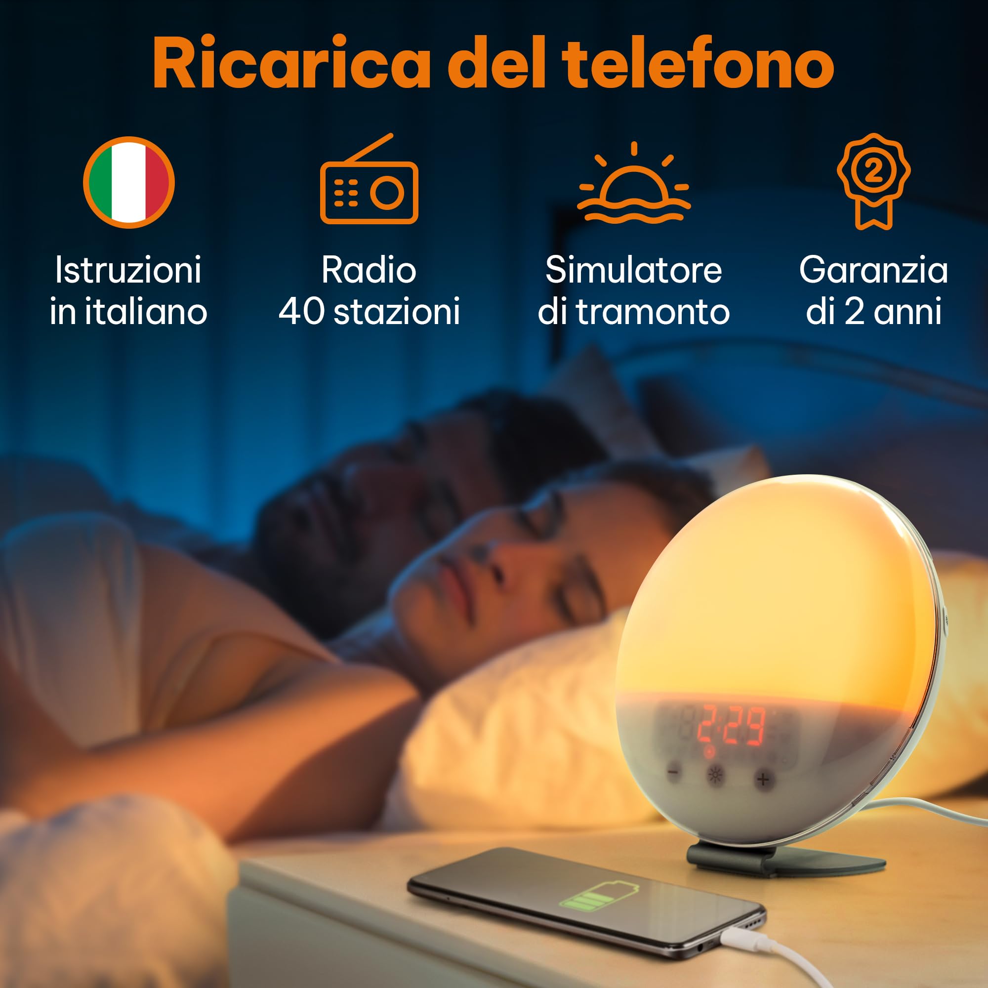 Sveglia Alba Con Simulazione Tramonto, 7 Suoni Naturali, Radio FM E Luce Notte 7 Colori