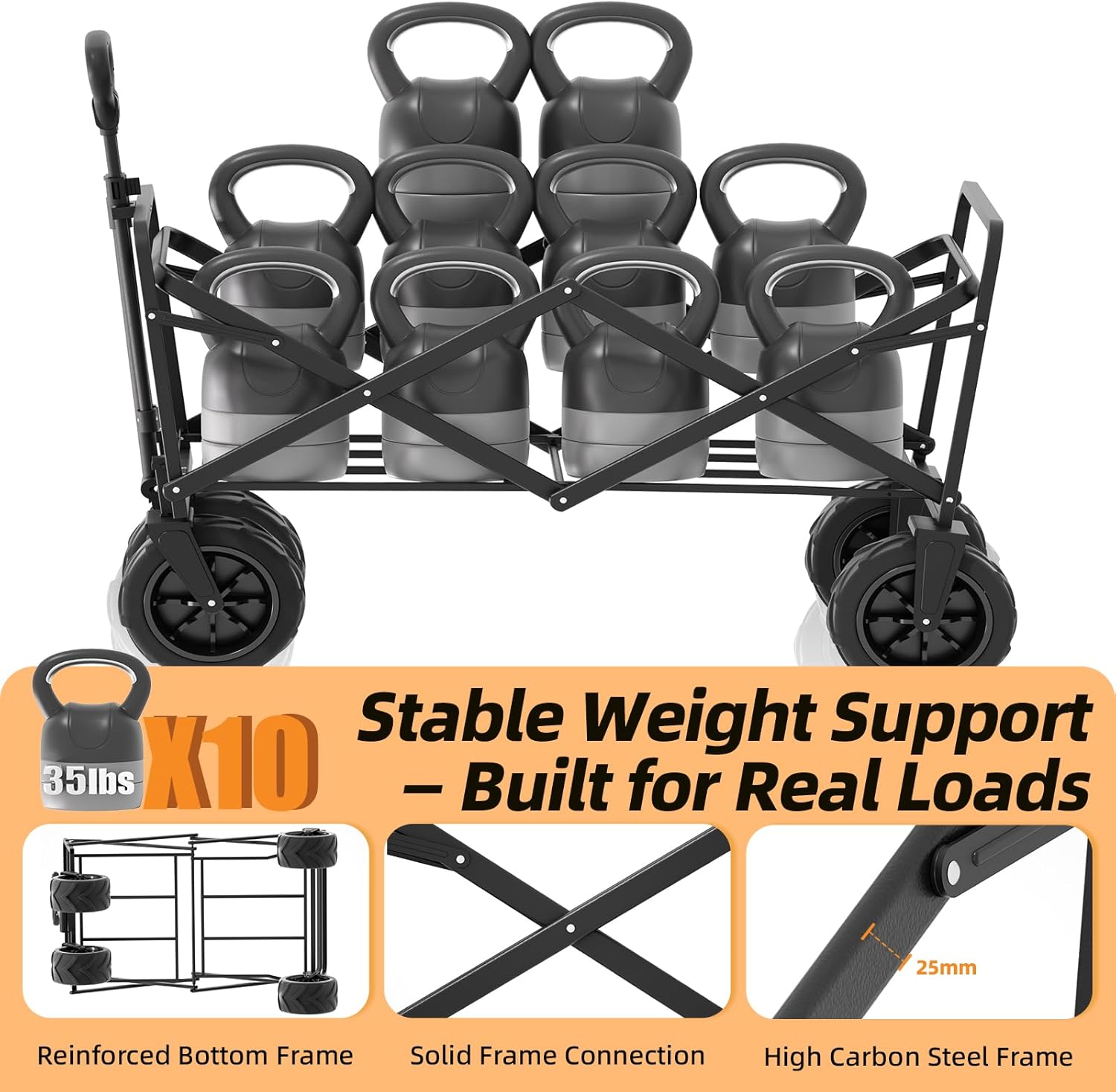 EchoSmile Heavy Duty 350 Lbs Capacity Collapsible Wagon, Outdoor Folding Camping Grocery Portable Utility Cart, Adjustable Rolling Carts, All Terrain Beach Wagon with Big Wheels (Black&Orange-Arrow)