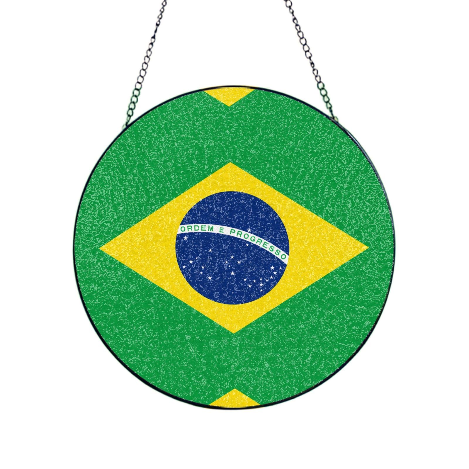 Phayah Brazilian Flag Print Glass Window Hanging Sun Catchers Suncatcher Decor For Birthday For Home Garden Porch 10in（25cm）