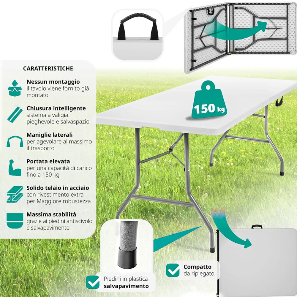 PALUPLUS Tavolo Pieghevole Rettangolare da Catering, Misura 180x71x74 cm, colore Bianco, Tavolo a Valigetta in Resina e Metallo, con maniglia, ideale per giardino, fiera, pic nic, campeggio -344F
