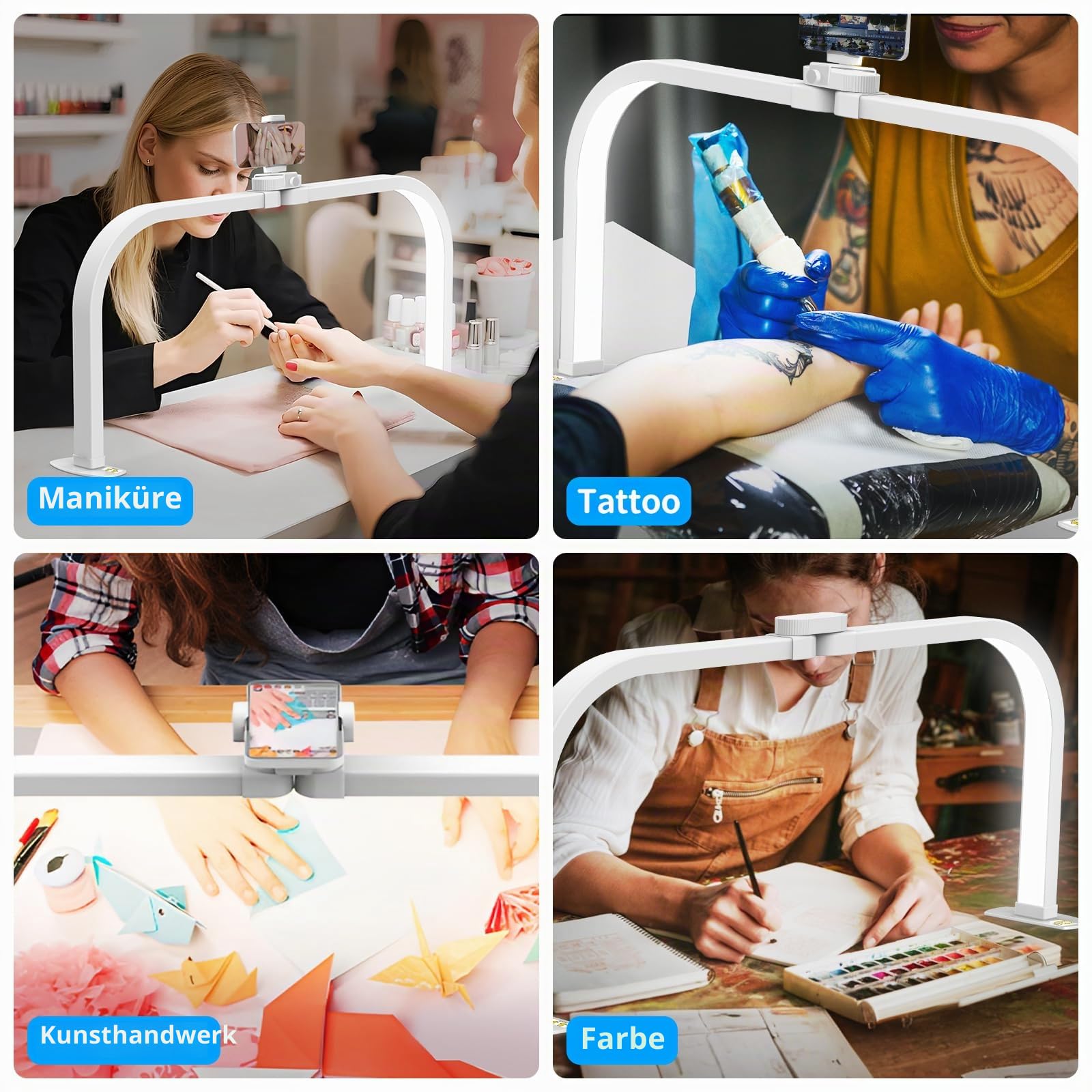 CGBE LED Halbmond Lampe für Nageltisch Faltbare für Nageltechniker - Weiß | 28 Zoll Dimmbar Nageltisch Lampe mit Handyhalter - 3 Farbmodi 10 Helligkeiten - Tischlampe für Maniküre Tattoo Basteln