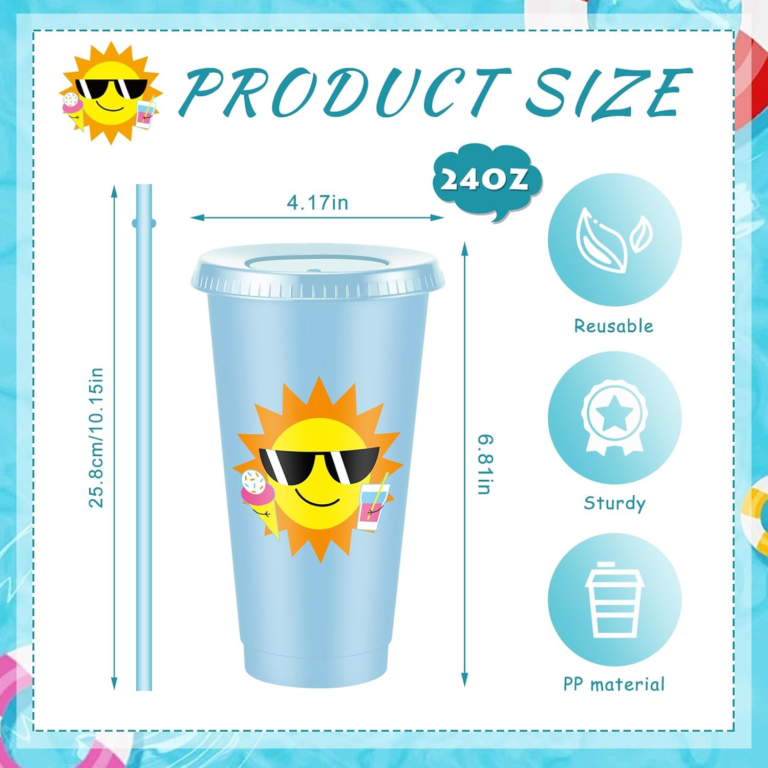 Chuangdi 12 Pcs Beach Pool Party Plastic Cups with Lids and Straws 24 oz Summer Luau Swimming Pool Themed Tumblers Drinking Cups for Beach Ball Hawaii Holiday Gifts Birthday Party Decorations Favors - Image 2