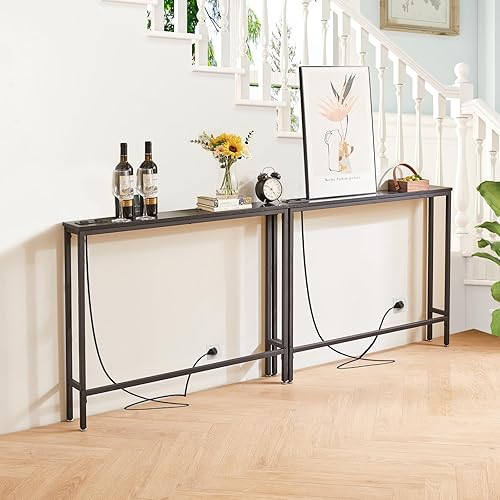 Miniatura 18 de IBUYKE TMJ061H-2 - Paquete de 2 mesas de consola angostas y largas con tomas de corriente, puertos USB, mesa de entrada industrial de madera con
