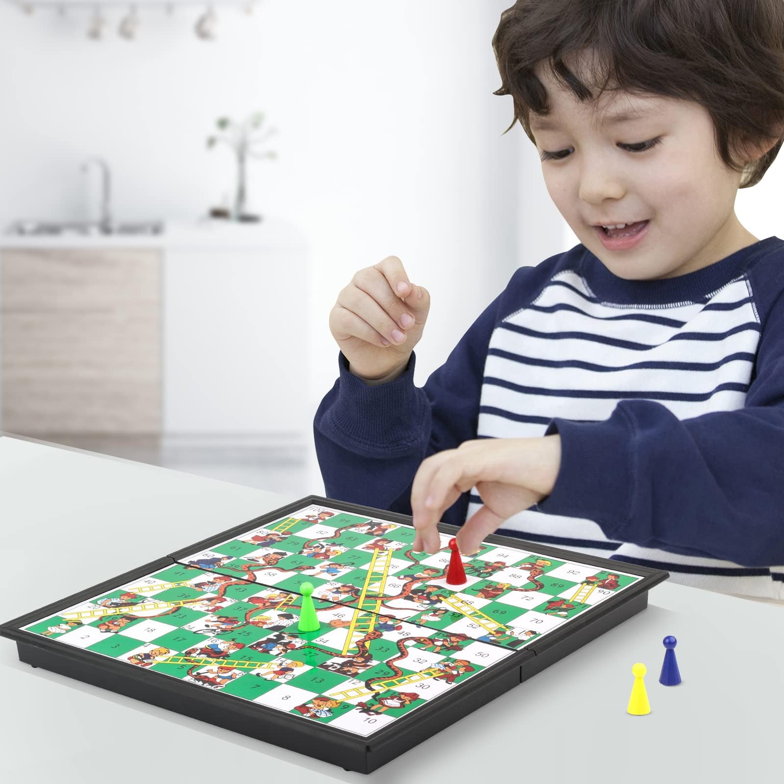 POFET Juego de Mesa Plegable magnético Snakes and Ladders, Juego de diversión Familiar