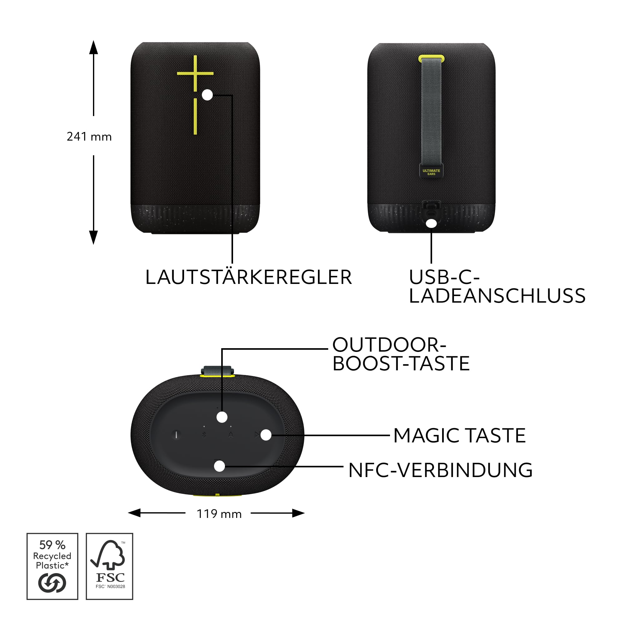 Ultimate Ears EPICBOOM, mobiler kabelloser Bluetooth-Lautsprecher | satte Bässe, immersiver 360°-Sound, adaptiver EQ, wasserdicht IP67, schwimmfähig, 17h Akku, 55m Reichweite - Schwarz