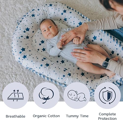 Miniatura 26 de Tumbona para bebé, tumbona infantil de algodón orgánico, reversible, ajustable y portátil, uso supervisado, suave, transpirable, funda lavable