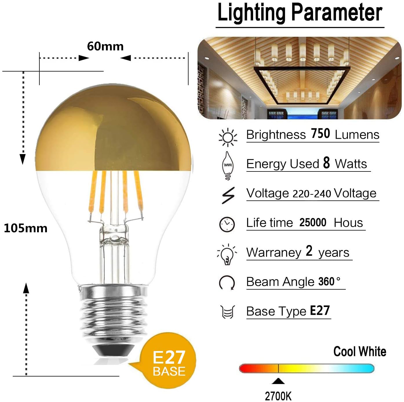 Glühbirne A19/A60 Kopfspiegellampe Silber Dimmbare LED Glühbirne Edison Lampe 7W (Äquivalent zu 70W), 2700K warmweiß, Dimmable, 220V, Kein Hub Erforderlich, Gold, 4 Stück