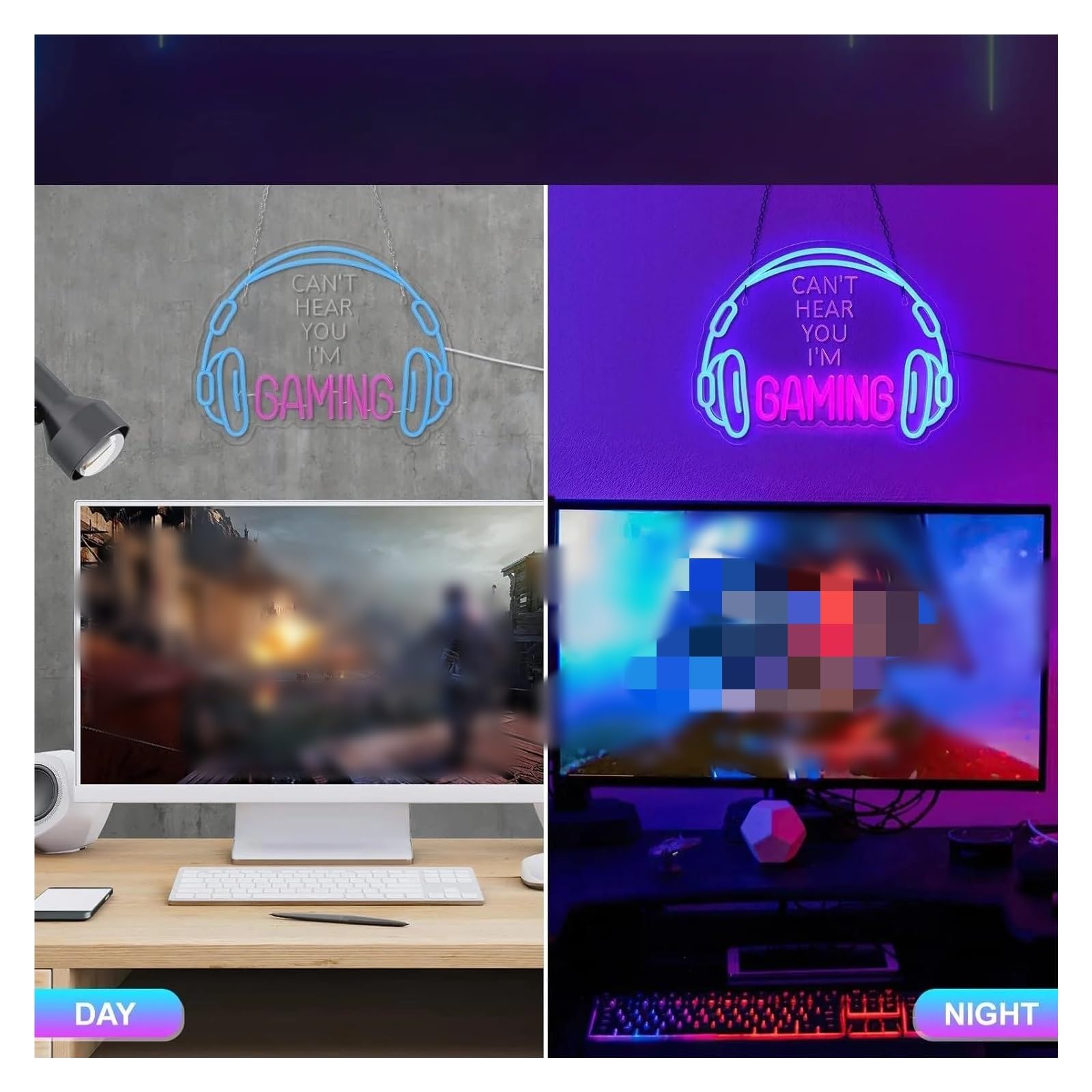 Décor Mural Lumière Panneau Néon Gaming Lumineuse, Casque D'écoute, Lampe De Jeu Pour Zone De Jeu, Salle Vidéo, Chambre De Garçon, Décoration Murale 40cmx30cm