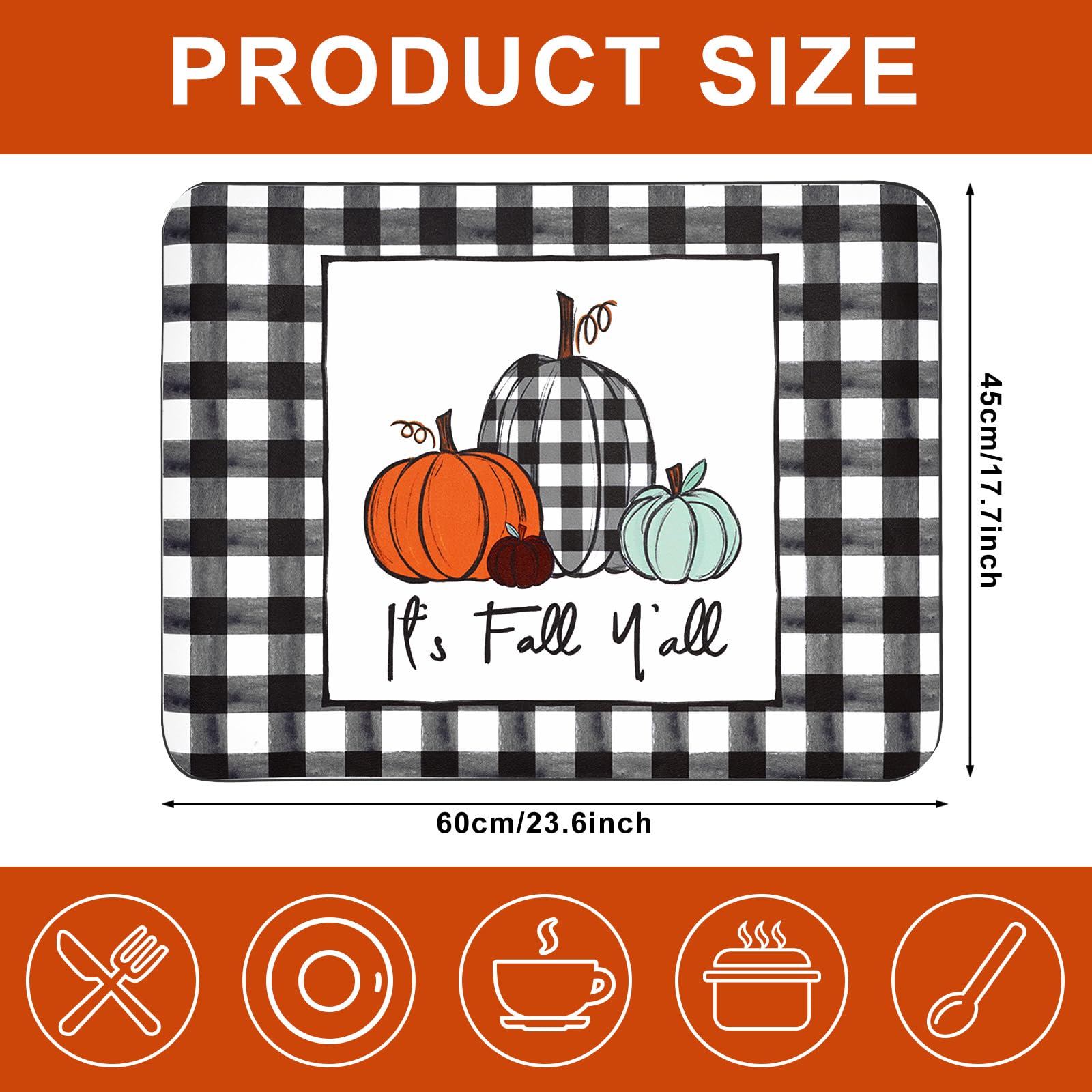 AnyDesign Fall Dish Drying Mat Plaid Pumpkin Rubber Backed Dish Drying Pad Pumpkin Absorbent Kitchen Counter Mat for Fall Thanksgiving Kitchen Decor Coffee Bar Dish Rack Accessories, 17.7 x 23.6 In