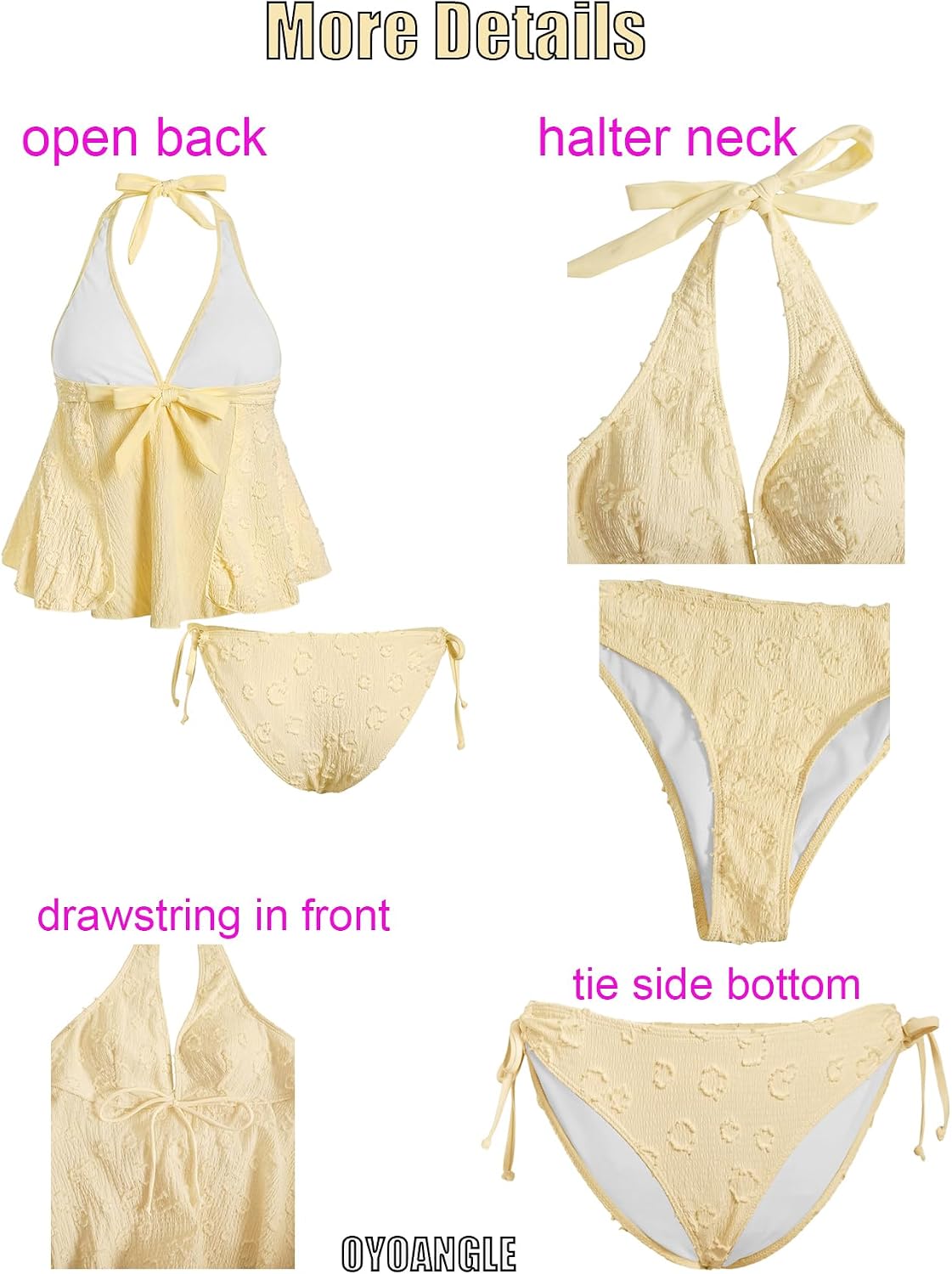 OYOANGLE Women's Tankini Swimsuits Textured Flowy Halter Bikini Set Tummy Control Modest Bathing Suits
