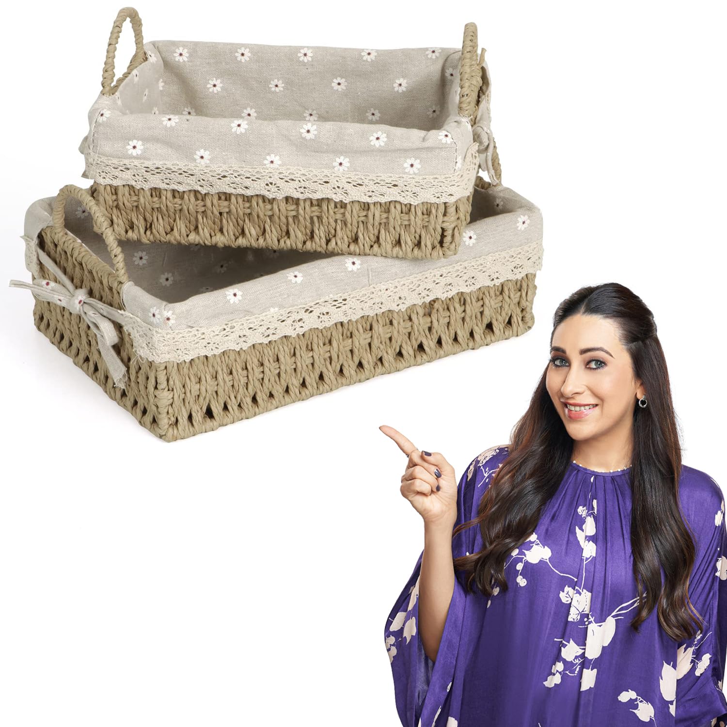 HOKIPO Environmental Friendly Paper Rope Wicker Storage Baskets with Handle, Pack of 2, Beige (AR-3907-BGE)