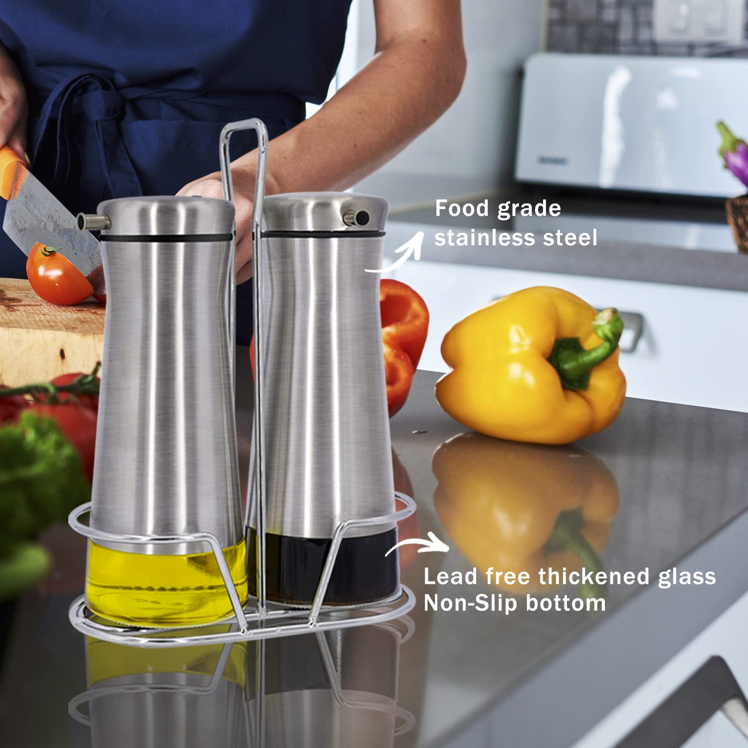 Aelga Juego de dispensador de aceite y vinagre con cesta, paquete de 2 botellas dispensadoras de aceite para cocina sin goteo, decoración de cocina y accesorios para el hogar, restaurantes, bodas